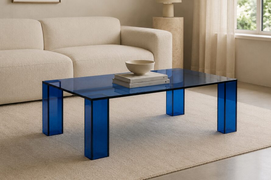 Blauwe plexiglas tafel