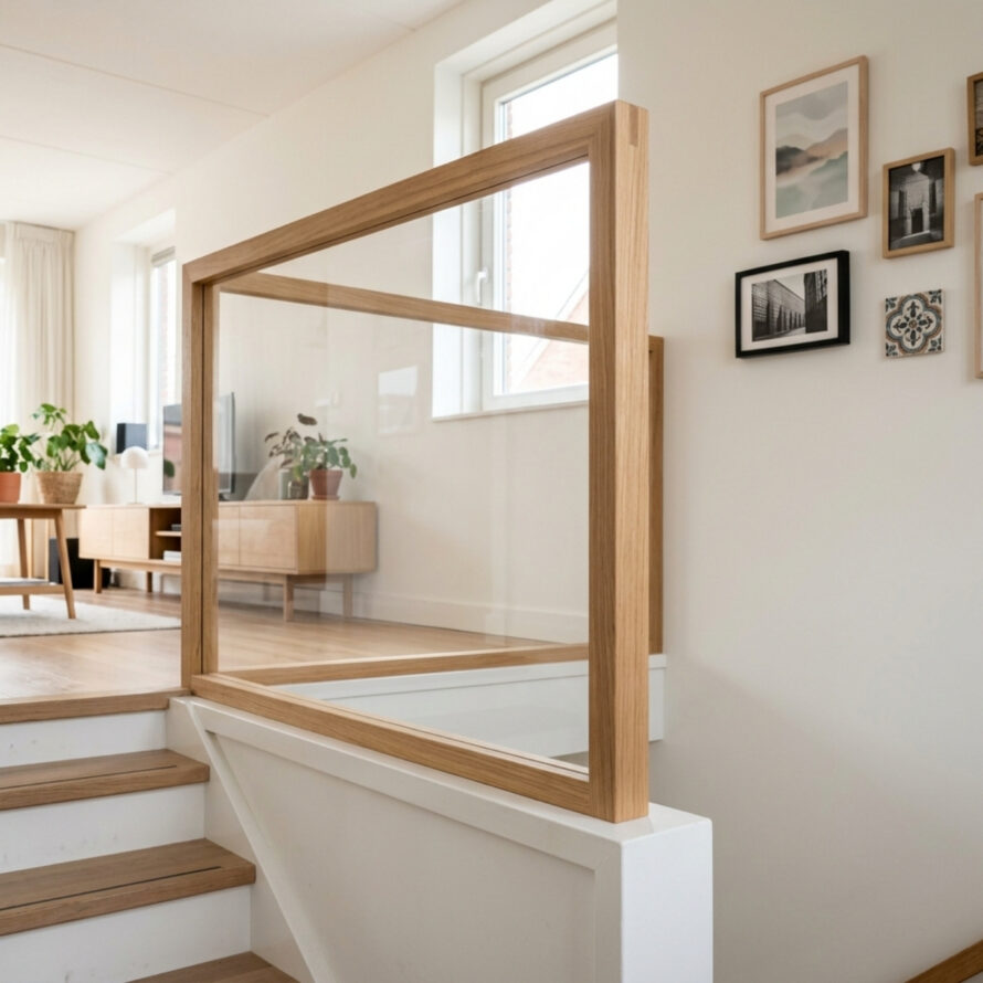 Balustrade van helder plexiglas in houten frame