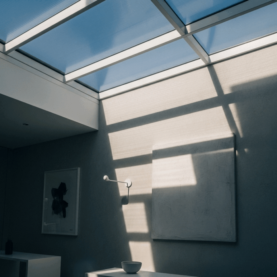 Modern interieur met plexiglas dak dat schaduwen op de muur werpt.