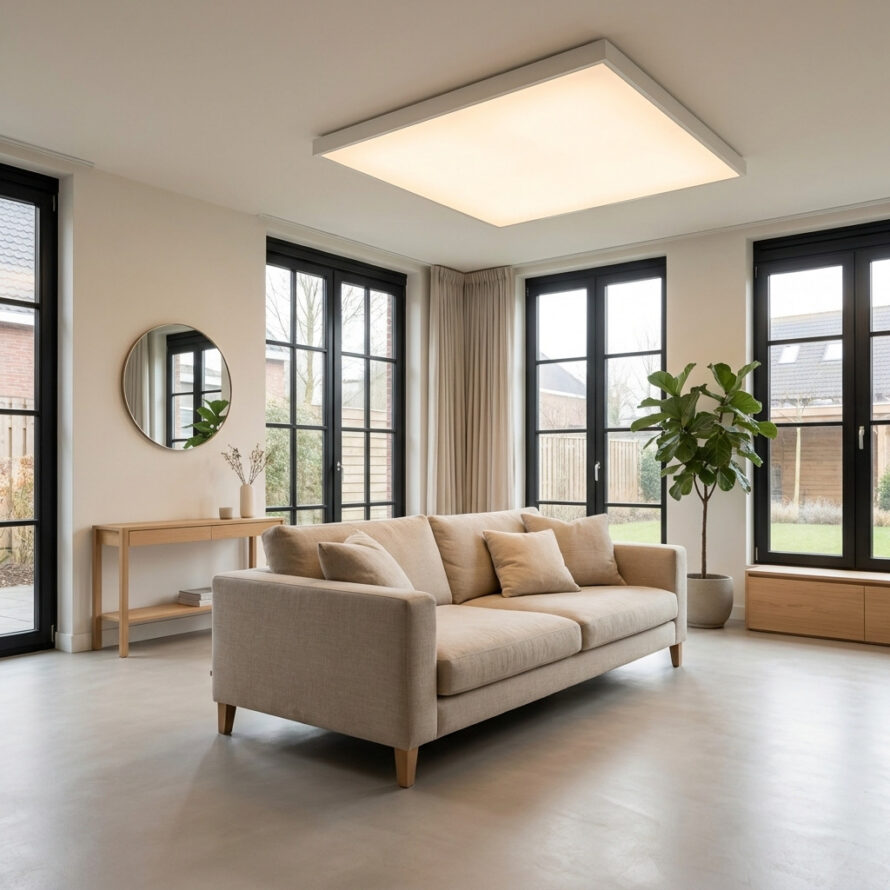 Moderne woonkamer met rechthoekige LED plafondlamp van polycarbonaat