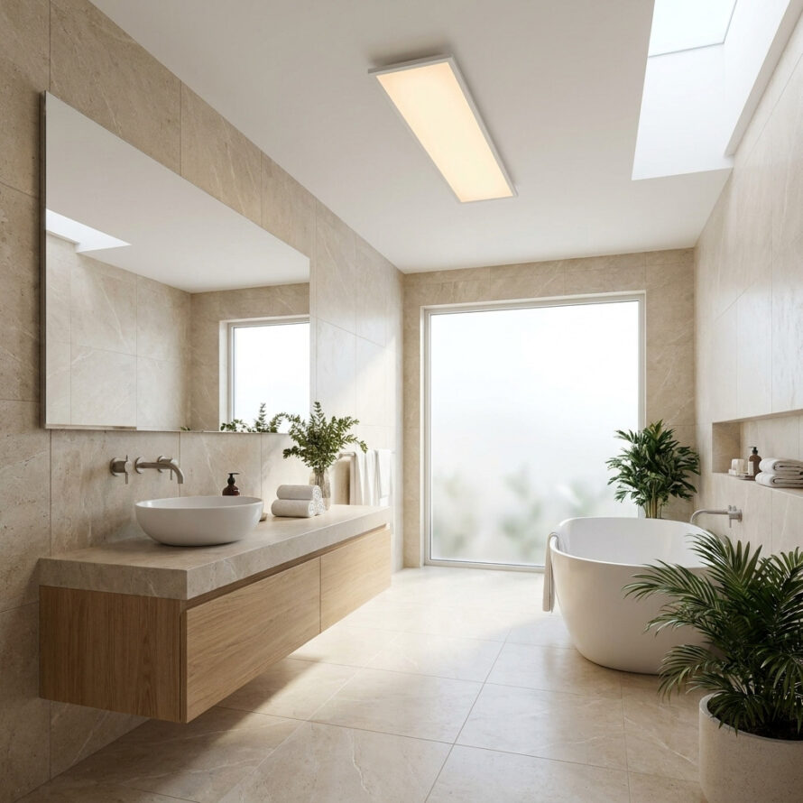Luxe badkamer met slanke LED plafondlamp en warm interieurlicht