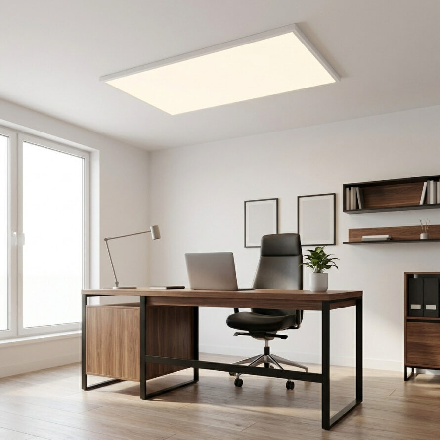 Strakke thuiswerkplek met moderne rechthoekige plafondlamp