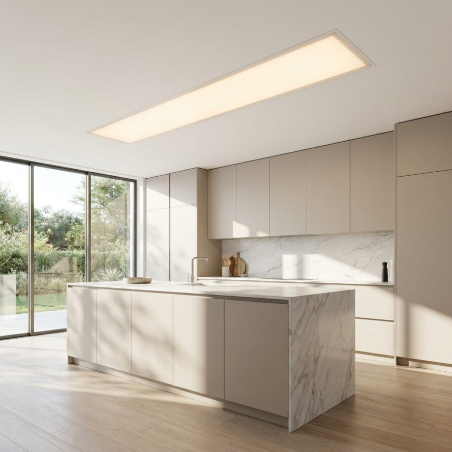 Minimalistische keuken met geïntegreerde polycarbonaat plafondverlichting