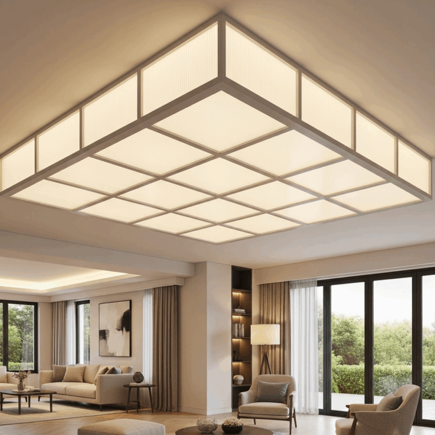 Modern woonruimte met een groot, rastervormig polycarbonaat verlicht plafond dat zacht warm licht verspreidt, boven een stijlvol ingerichte zithoek met grote ramen.