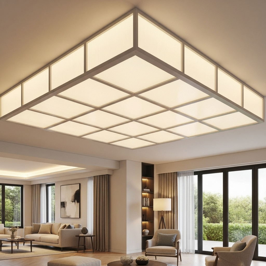 Modern woonruimte met een groot, rastervormig polycarbonaat verlicht plafond dat zacht warm licht verspreidt, boven een stijlvol ingerichte zithoek met grote ramen.