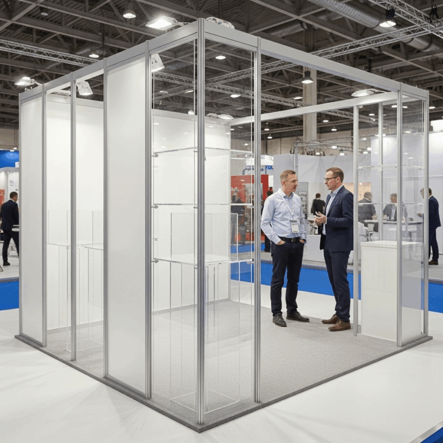 Beursstand met glazen vitrines waarin twee mensen in gesprek zijn.