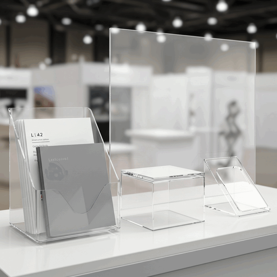 Plexiglas displays en folderhouder op een witte balie in een beursomgeving.