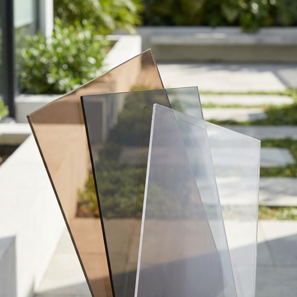 Polycarbonaat platen in brons, rookgrijs en helder.