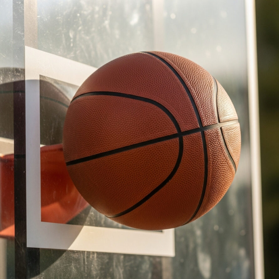 Basketbal die door een transparant basketbord van polycarbonaat gaat.