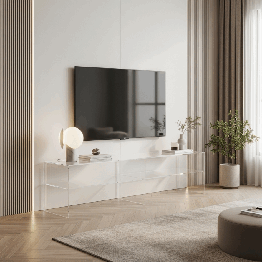 Modern interieur met transparant plexiglas tv-meubel en wand-tv.