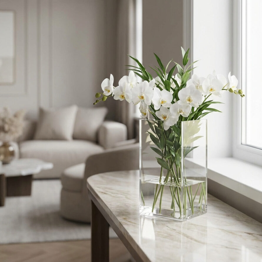 Transparante plexiglas vaas met witte orchideeën op een marmeren tafel in een lichte woonkamer.
