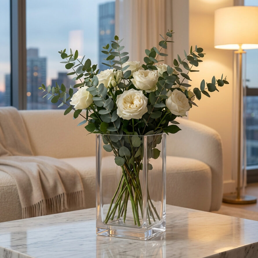 Transparante plexiglas vaas met witte rozen en groen op een marmeren tafel in een moderne woonkamer.