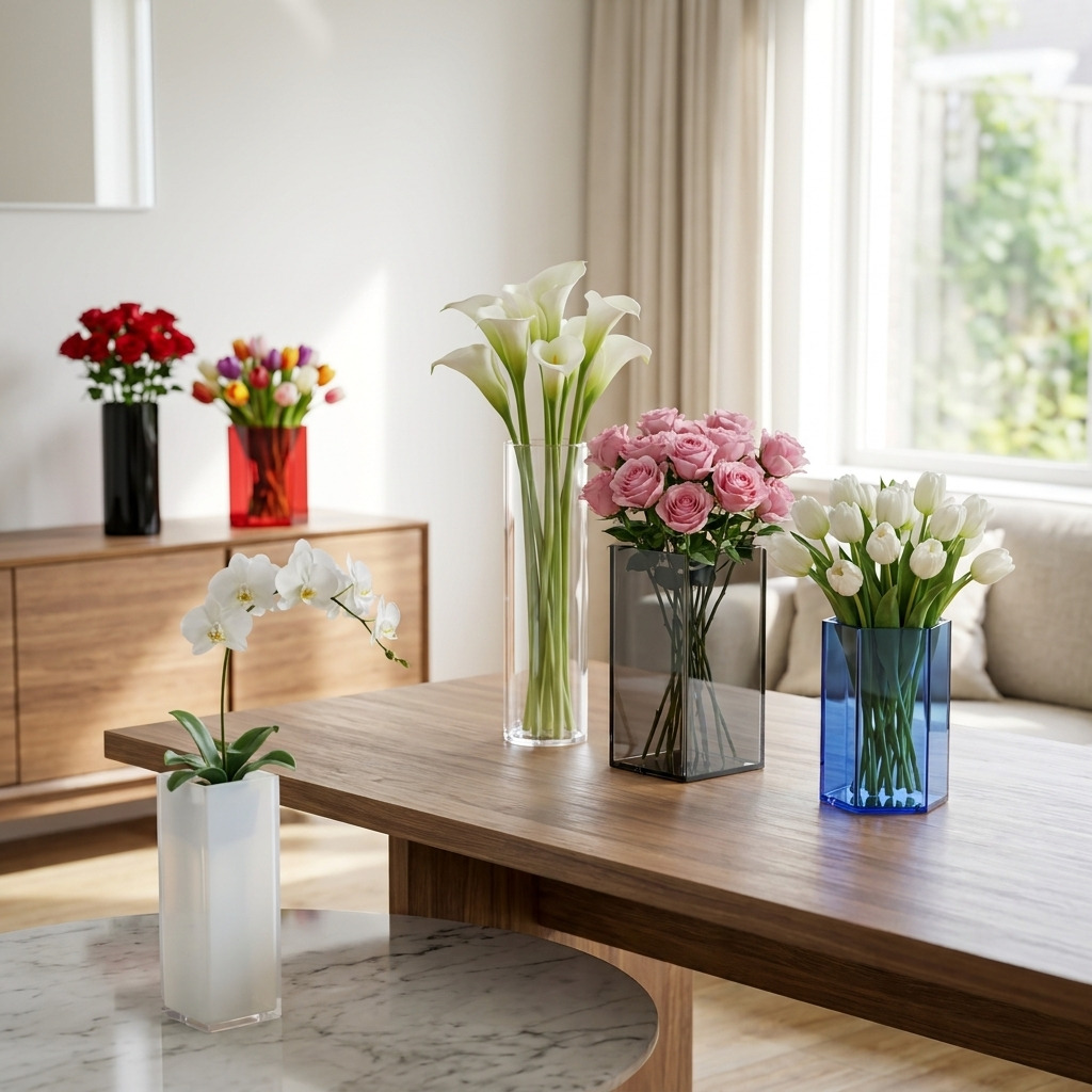 Gekleurde plexiglas vazen met rode, witte en roze bloemen op een houten salontafel in een lichte moderne woonkamer.
