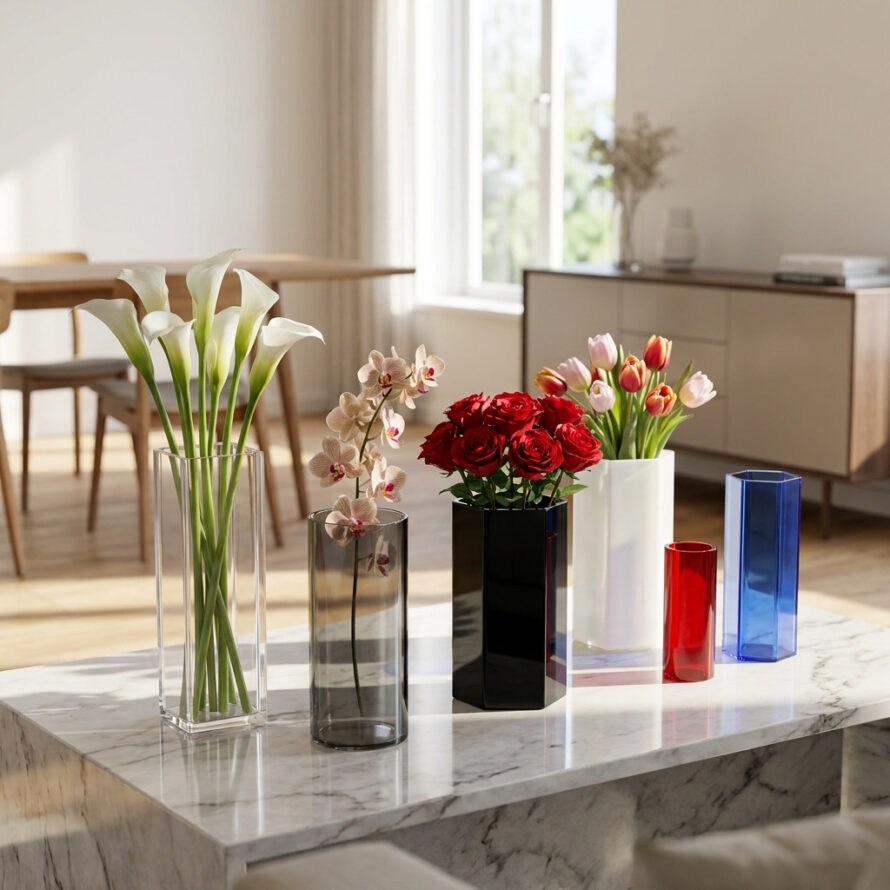 Plexiglas vazen in helder, zwart, rood en blauw met diverse bloemen op een marmeren tafel in een moderne woonkamer.