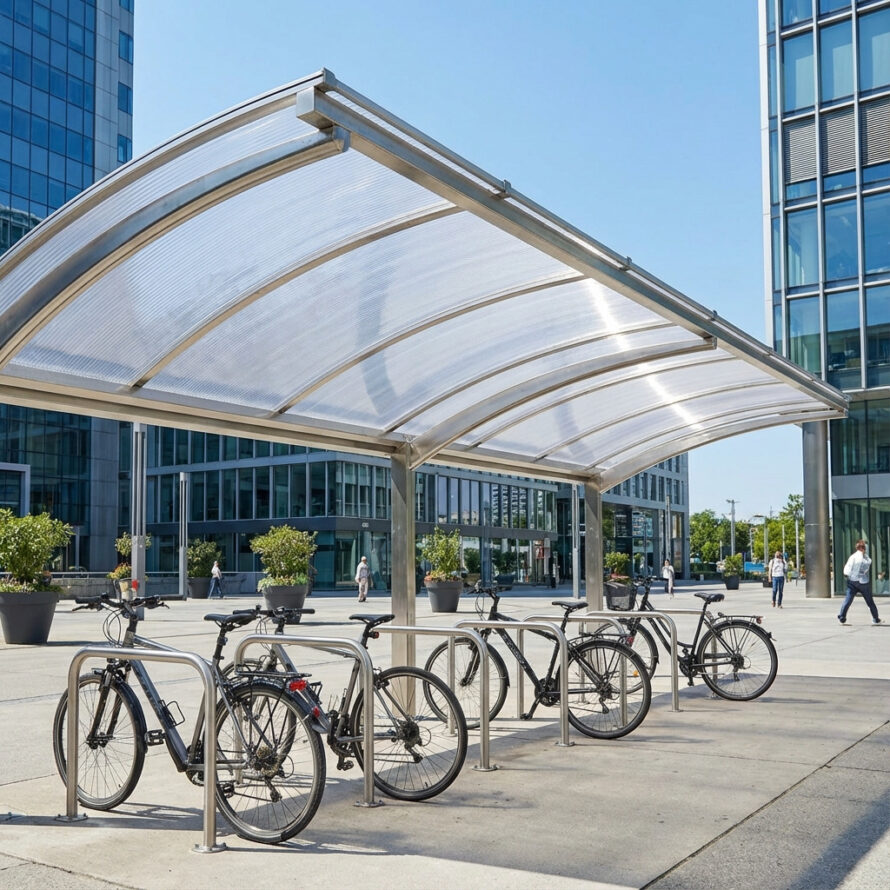Duurzame fietsenstalling met stevig metalen frame en helder polycarbonaat dak op een openbaar plein.