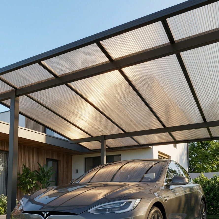 Moderne carport met transparant polycarbonaat dak en metalen frame, waaronder een luxe auto geparkeerd staat bij een eigentijdse woning in de avondzon.