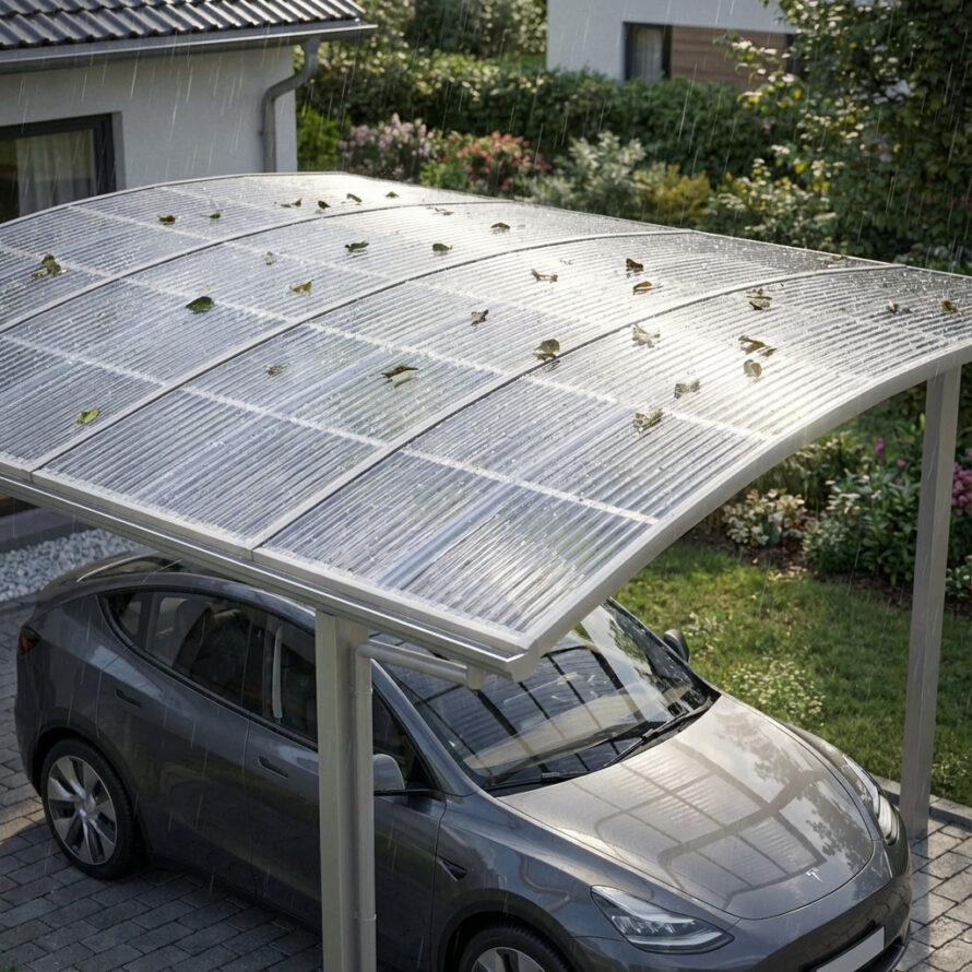 Transparante, gebogen polycarbonaat carport waaronder een grijze auto geparkeerd staat, met regendruppels en bladeren op het dak in een groene tuinomgeving.