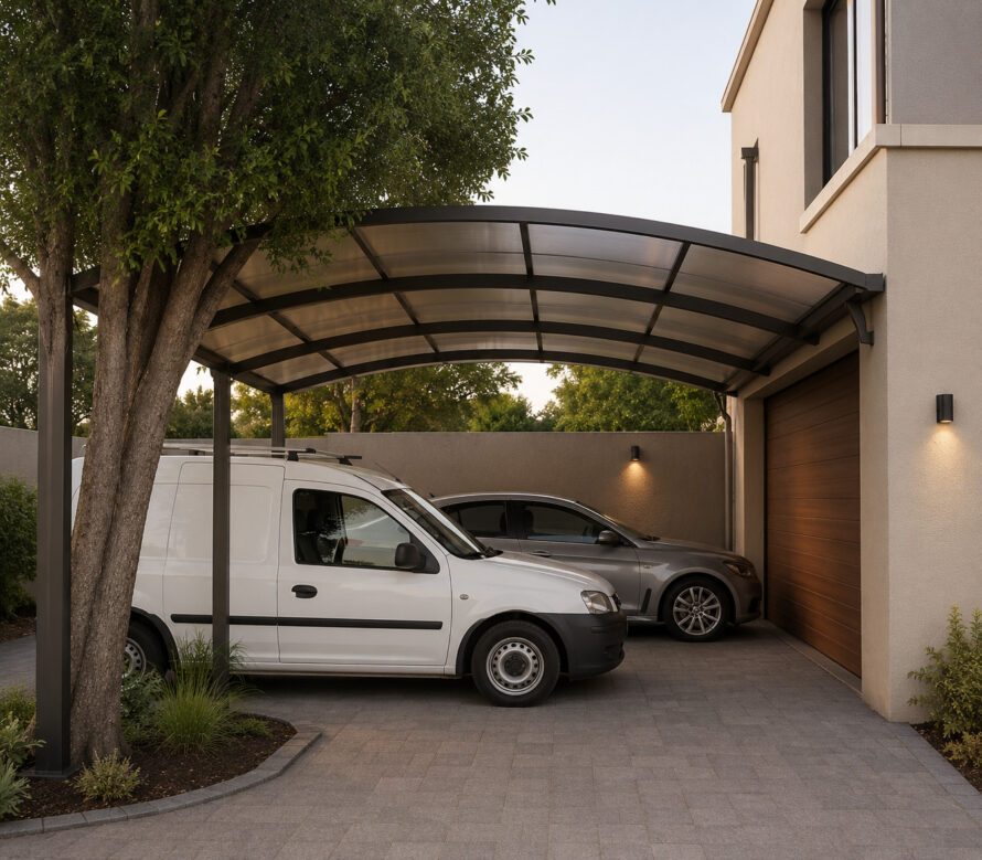 Moderne aluminium carport met gebogen transparant dak naast een woning, met een bestelwagen en personenauto geparkeerd op een strak aangelegde oprit.