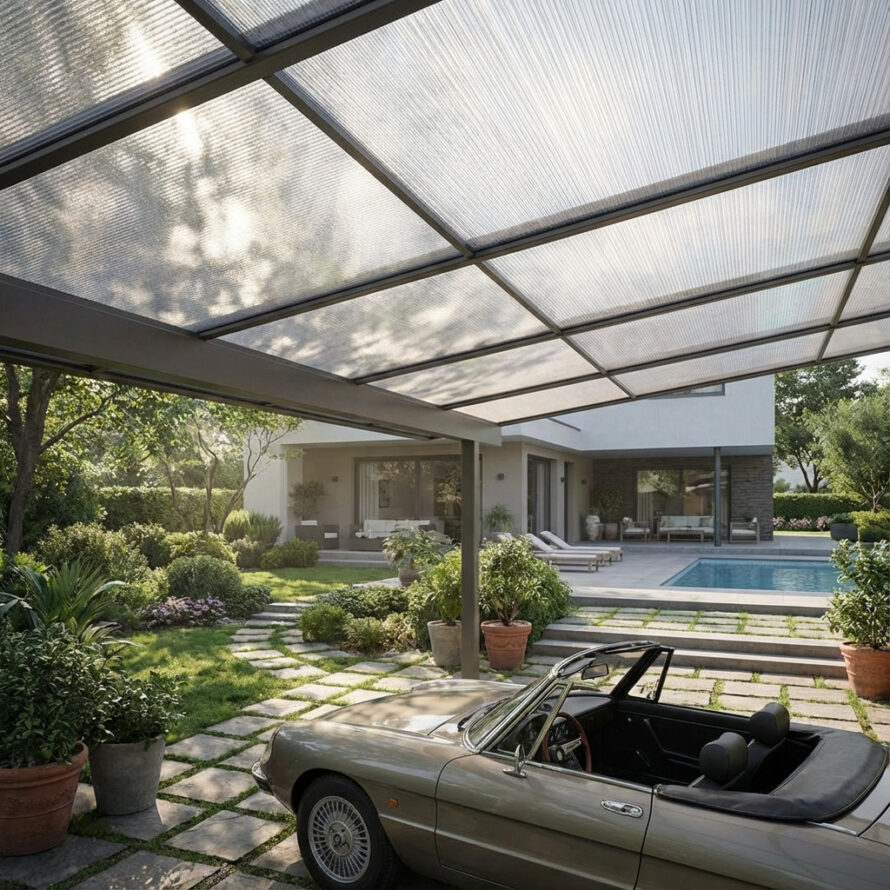 Stijlvolle polycarbonaat carport met transparant dak en metalen constructie, waaronder een klassieke cabriolet staat geparkeerd in een luxe tuin bij een moderne woning met zwembad.