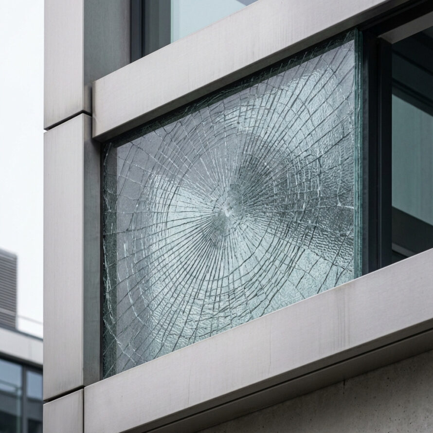 Polycarbonaat veiligheidsglas na impact, gebarsten maar zonder glasscherven.