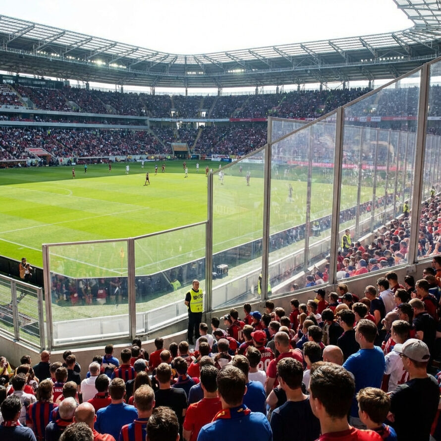 Voetbalstadion met transparante polycarbonaat wanden als publieksbescherming