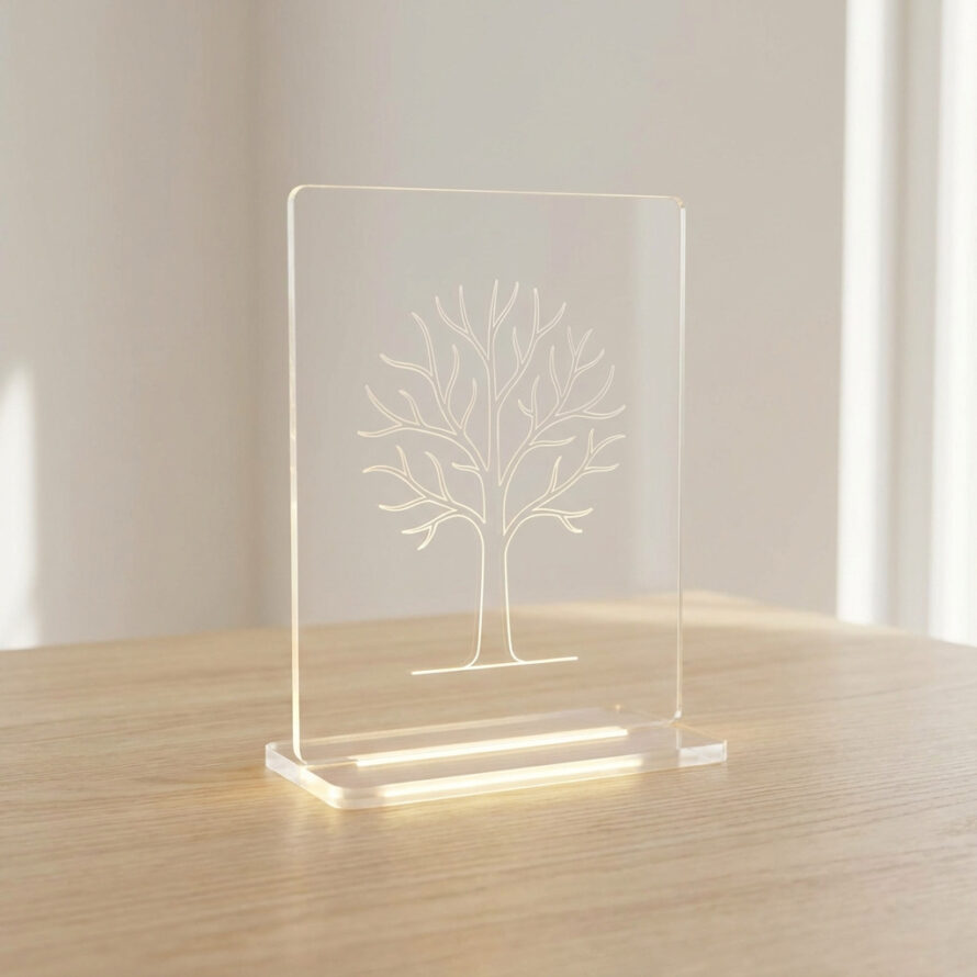 Transparante plexiglas LED-lamp met gegraveerde boom, geplaatst op een houten tafel en subtiel verlicht van onderaf in een lichte, minimalistische ruimte.