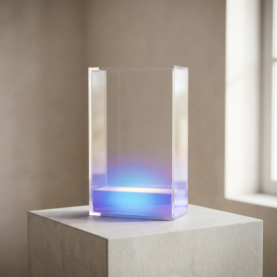 Transparante plexiglas LED-lamp met subtiele blauw-paarse verlichting aan de onderzijde, geplaatst op een sokkel in een minimalistische, lichte ruimte.