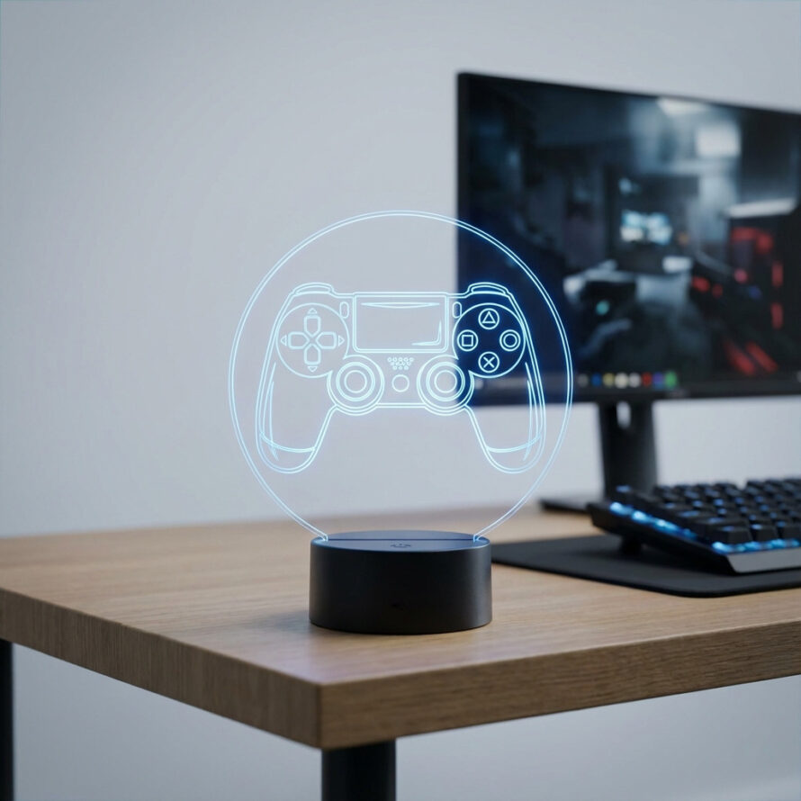 Plexiglas LED-embleemlamp met gegraveerde gamecontroller, geplaatst op een bureau naast een computer en verlicht met blauw LED-licht in een moderne gaming-opstelling.