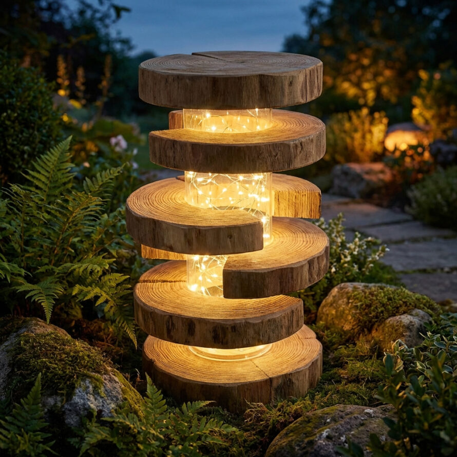 Houten buitenlamp in de schemering, met gelaagde schijven en zachte verlichting.