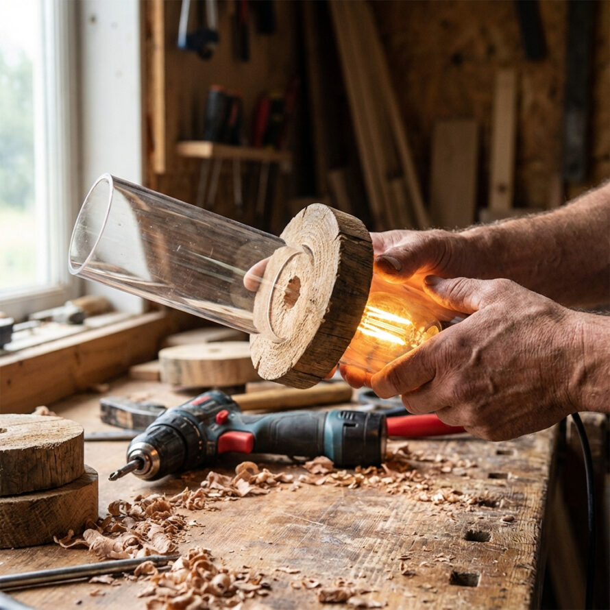 Close-up van een houten schijf die wordt geschuurd met elektrisch gereedschap.