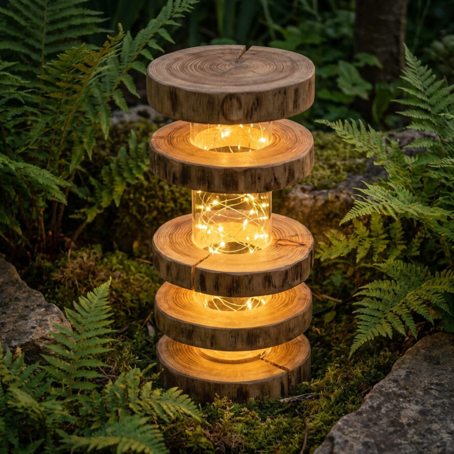 Houten tuinlamp met ronde schijven en warm licht, geplaatst tussen groene planten in de tuin.