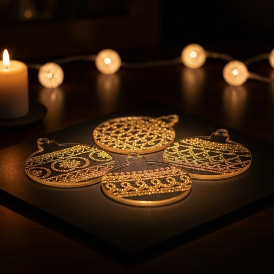 Kerstballen onderzetter met gouden details plexiglas