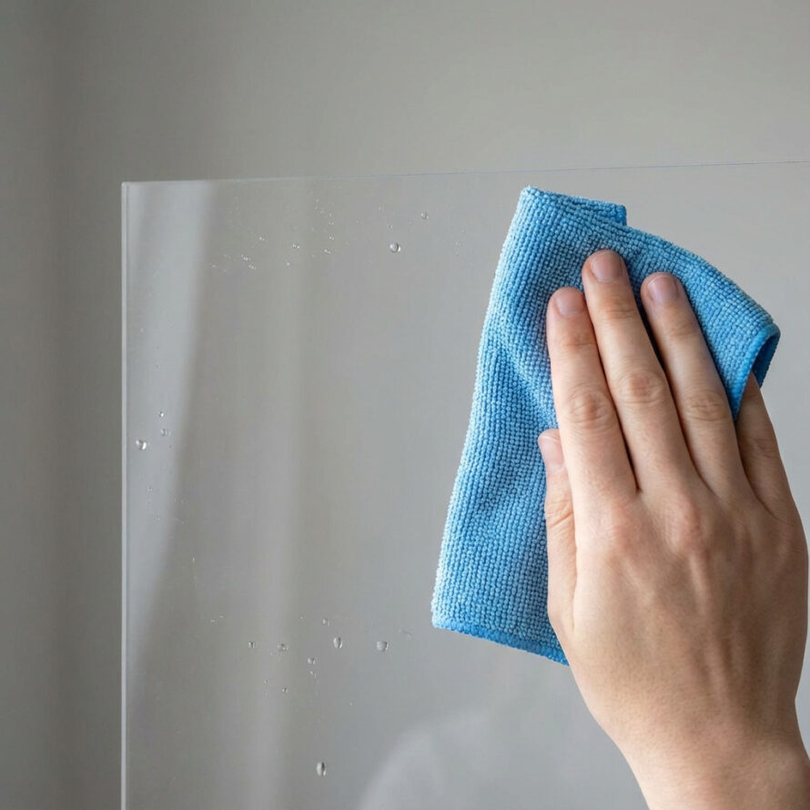 Transparante plexiglas plaat op een tafel met waterdruppels en een microvezeldoek voor het schoonmaken.