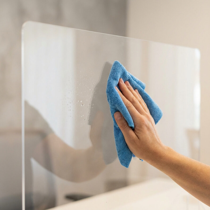 Detail van een plexiglas oppervlak dat voorzichtig wordt gereinigd met een microvezeldoek.