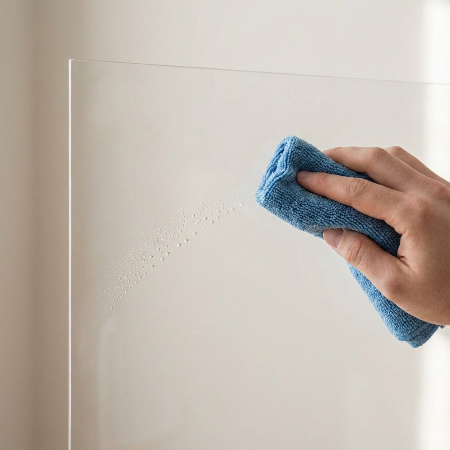 Plexiglas plaat met een neutrale reinigingsspray en microvezeldoek op een werkblad.