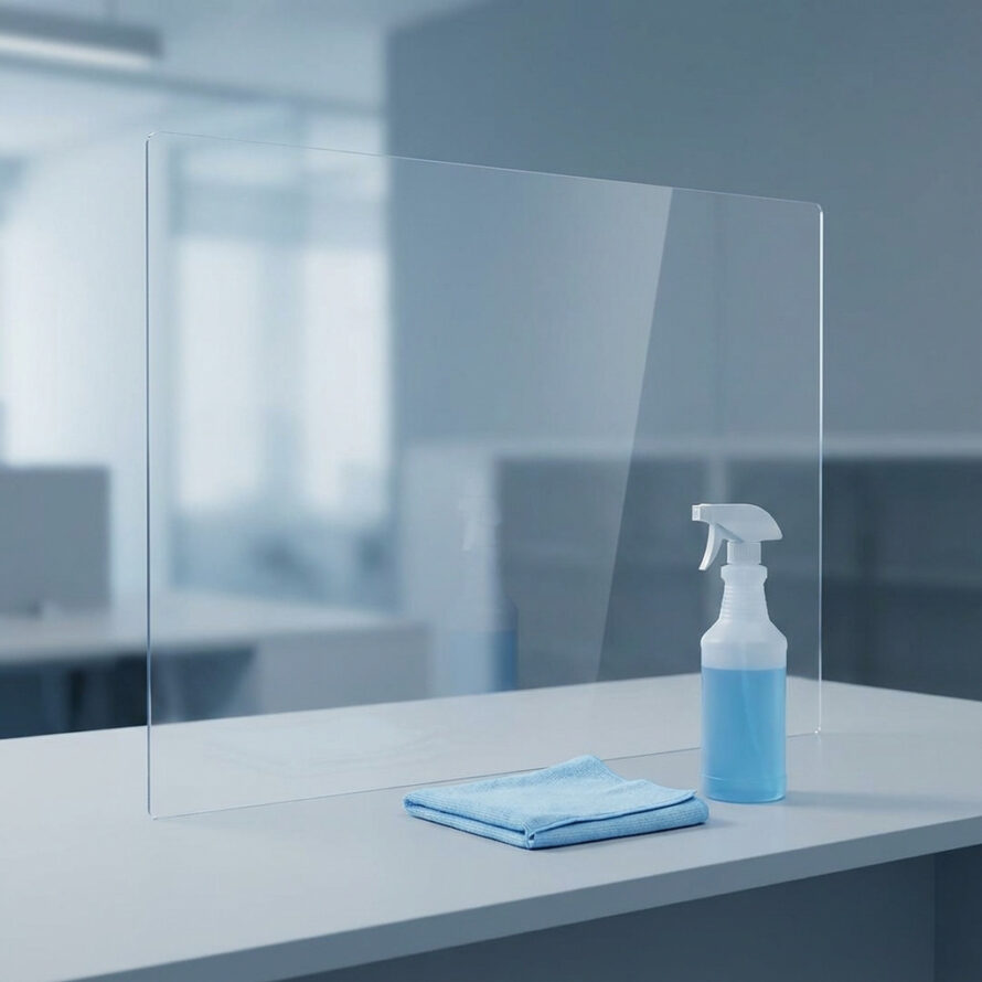 Close-up van het reinigen van een transparante plexiglas plaat met een zachte doek.