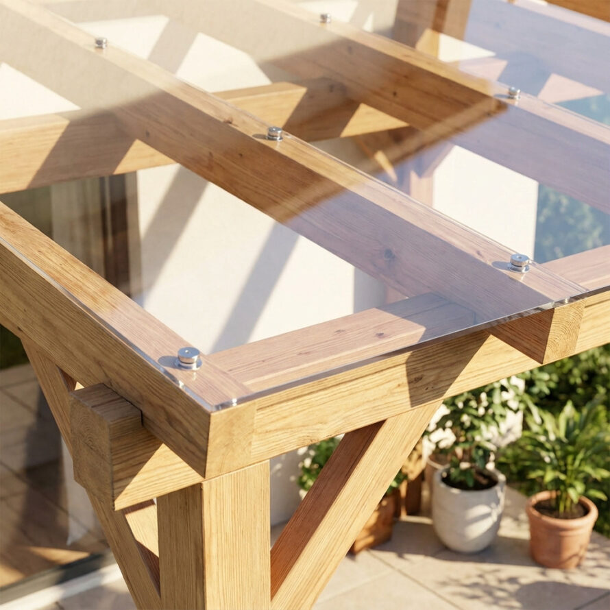 Detail van plexiglas dakplaten bevestigd op een houten constructie met schroeven, zichtbaar gemonteerd op een veranda voor optimale lichtdoorlaat.