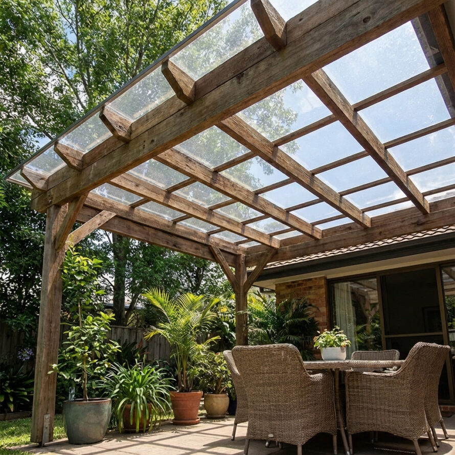 Overkapping van hout met lichtdoorlatende plexiglas dakplaten, waarbij zonlicht diffuus door het dak schijnt in een moderne tuin.