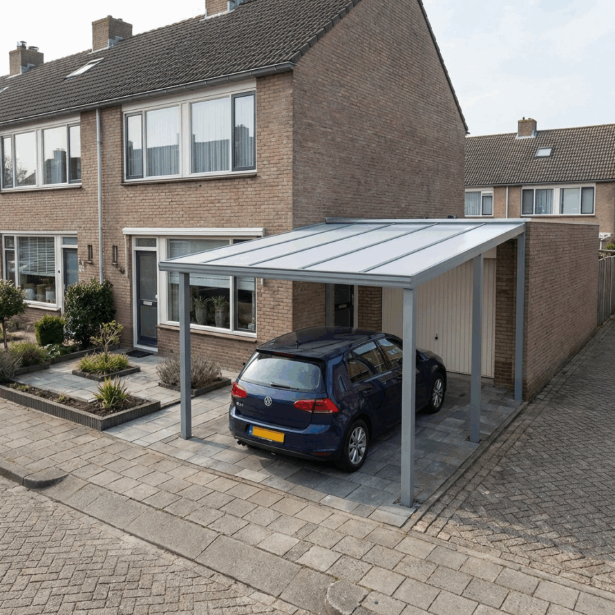 Vrijstaande carport met lichtdoorlatend dak naast een rijwoning, met een geparkeerde auto op een bestrate oprit.
