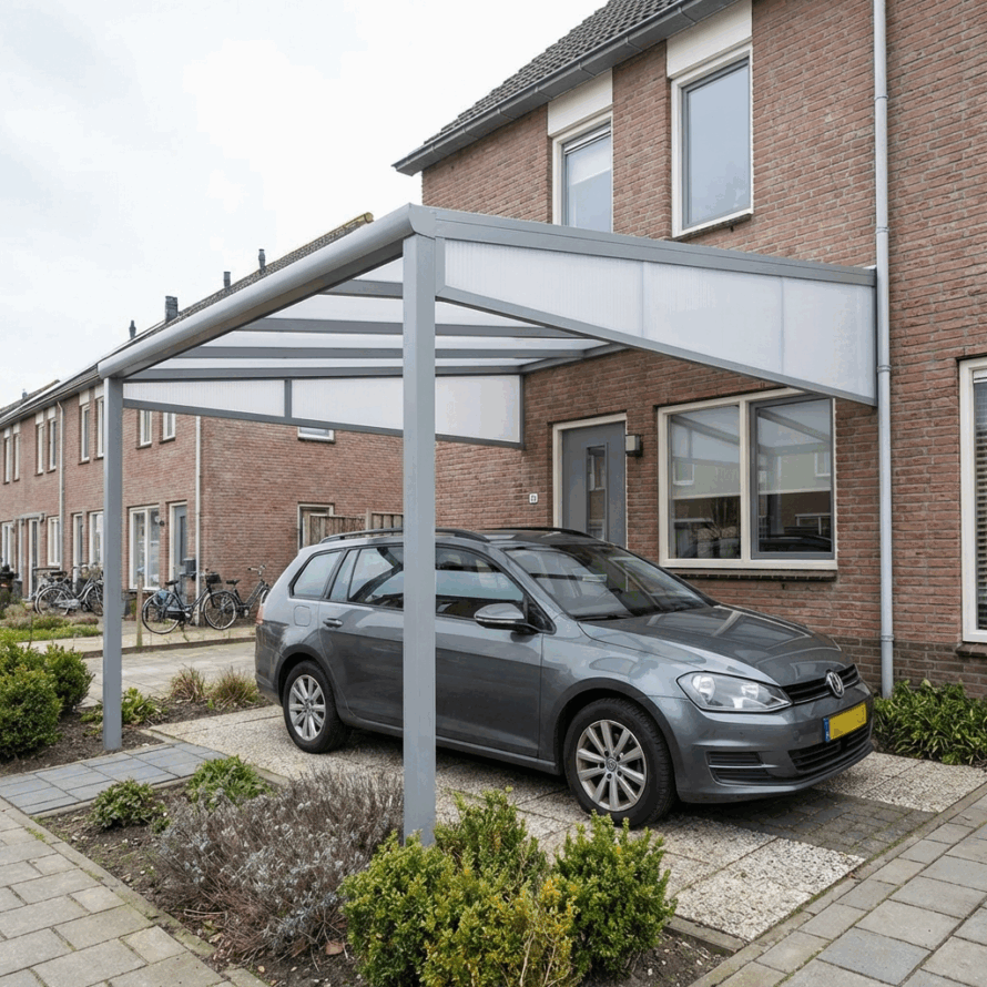 Moderne carport met metalen frame en transparant dak aan de zijkant van een woning, met een auto op de oprit.