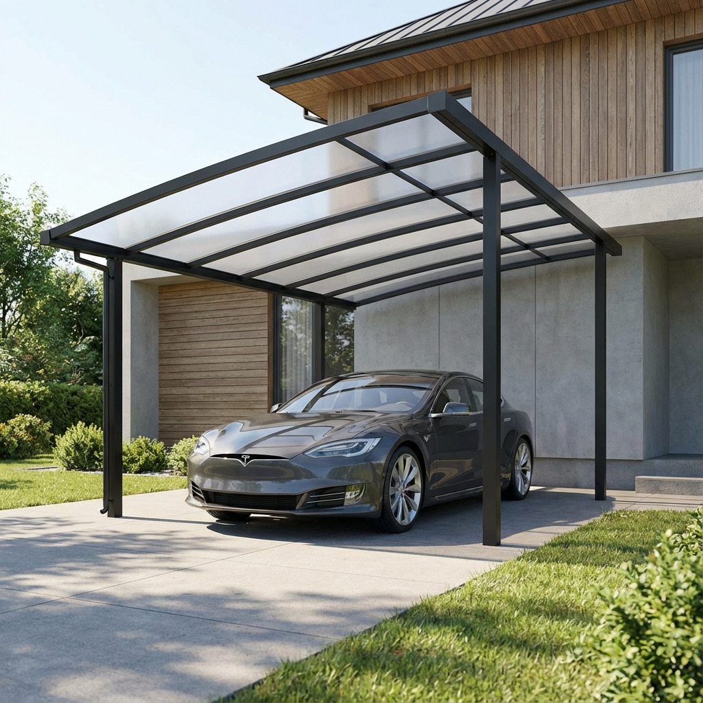 Minimalistische kunststof carport met lichtdoorlatend polycarbonaat dak en aluminium frame, geplaatst naast een moderne woning met tuin.