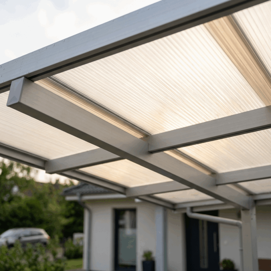 Detail van de onderconstructie van een carport met aluminium liggers, dwarsverbindingen en transparante dakpanelen, bevestigd aan een gevel.