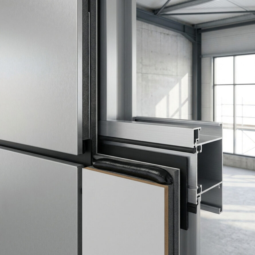 Detail van een kozijn- en gevelaansluiting waarbij panelbonding-lijm wordt toegepast voor een duurzame en spanningsvrije bevestiging.