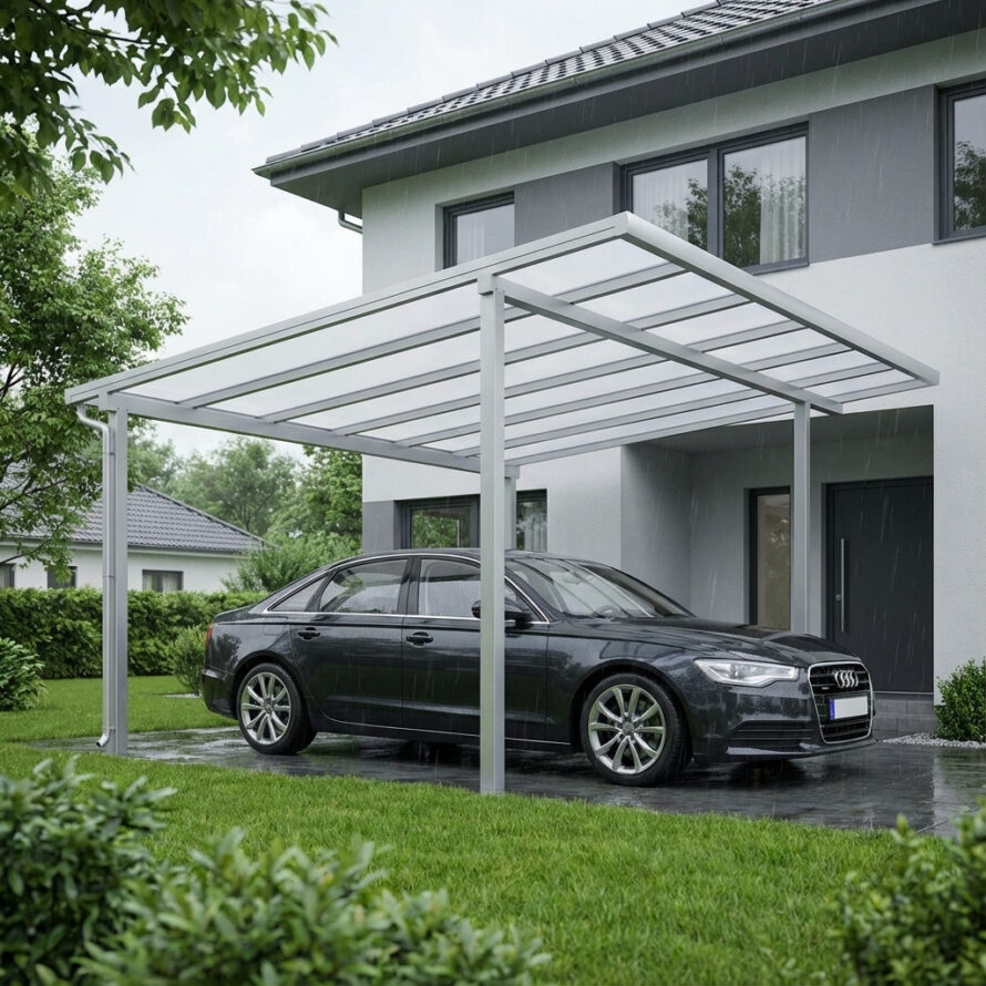Kunststof carport aan huis met polycarbonaat dak en slank aluminium frame, geplaatst bij een moderne houten woning in een groene woonwijk.