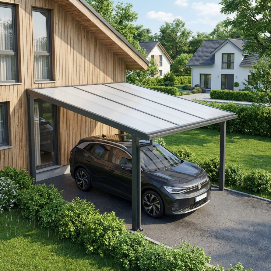 Moderne aangebouwde carport van kunststof met lichtdoorlatend polycarbonaat dak en aluminium constructie, geschikt als alternatief voor een garage.