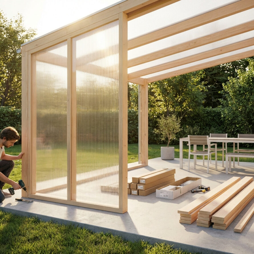 Moderne houten serre met polycarbonaat dakplaten en glazen wanden in de tuin