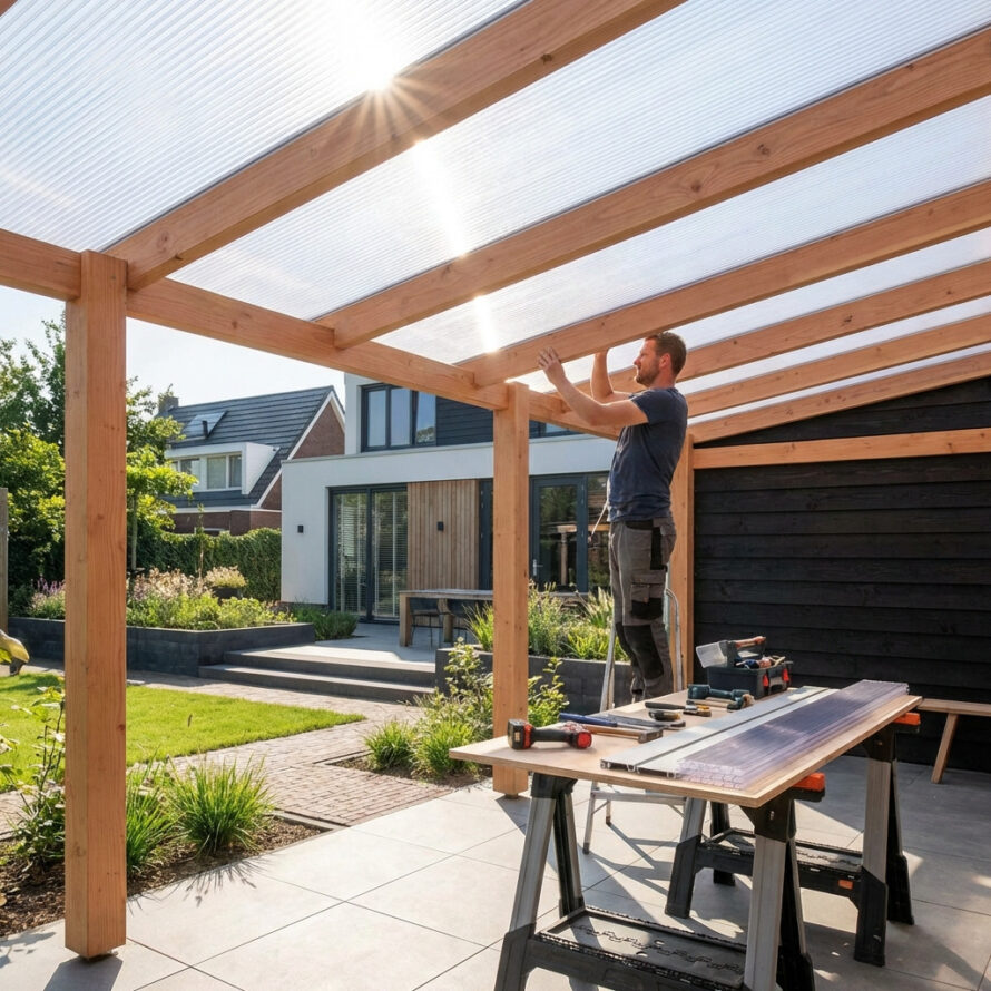 Houten veranda met transparante polycarbonaat kanaalplaten als dak in een moderne tuin