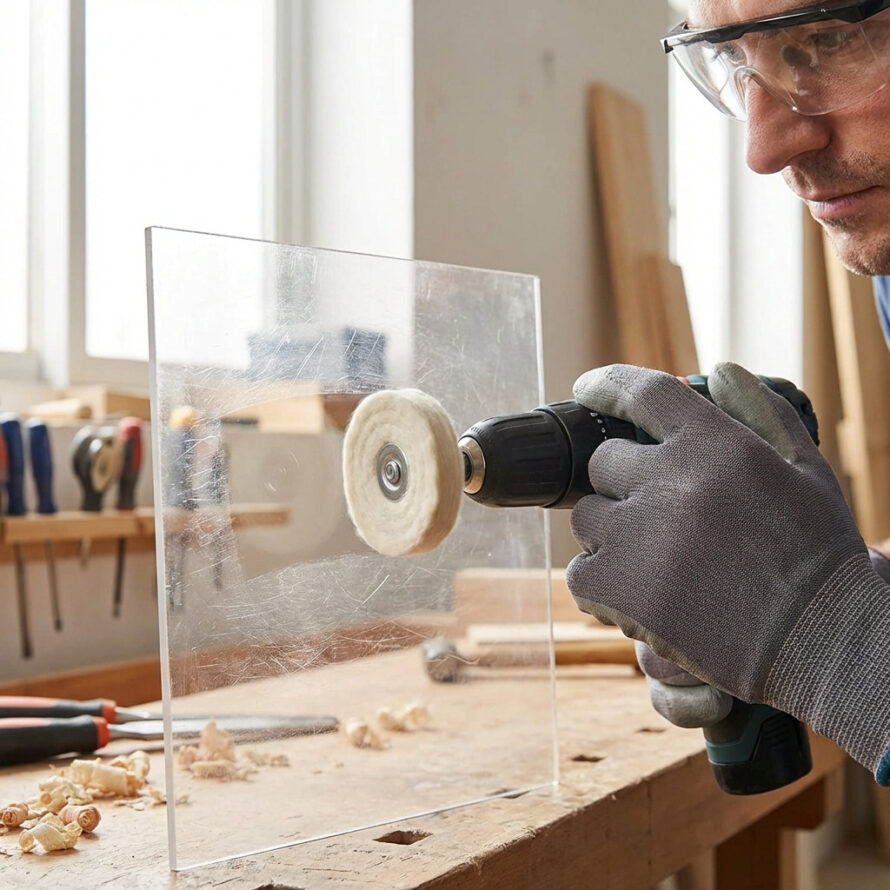 Person sanding or polishing a clear acrylic sheet in a workshop, wearing gloves, with tools and materials on the table.