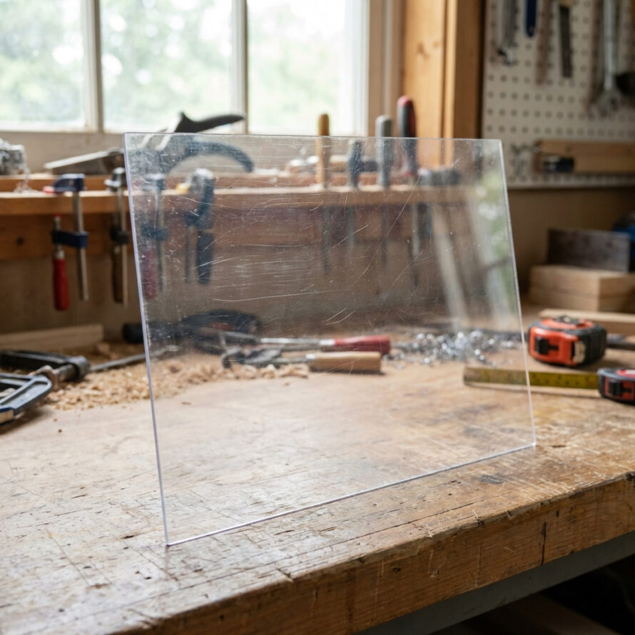 Transparent acrylic display case placed on a wooden workbench in a workshop, with tools and materials visible in the background.