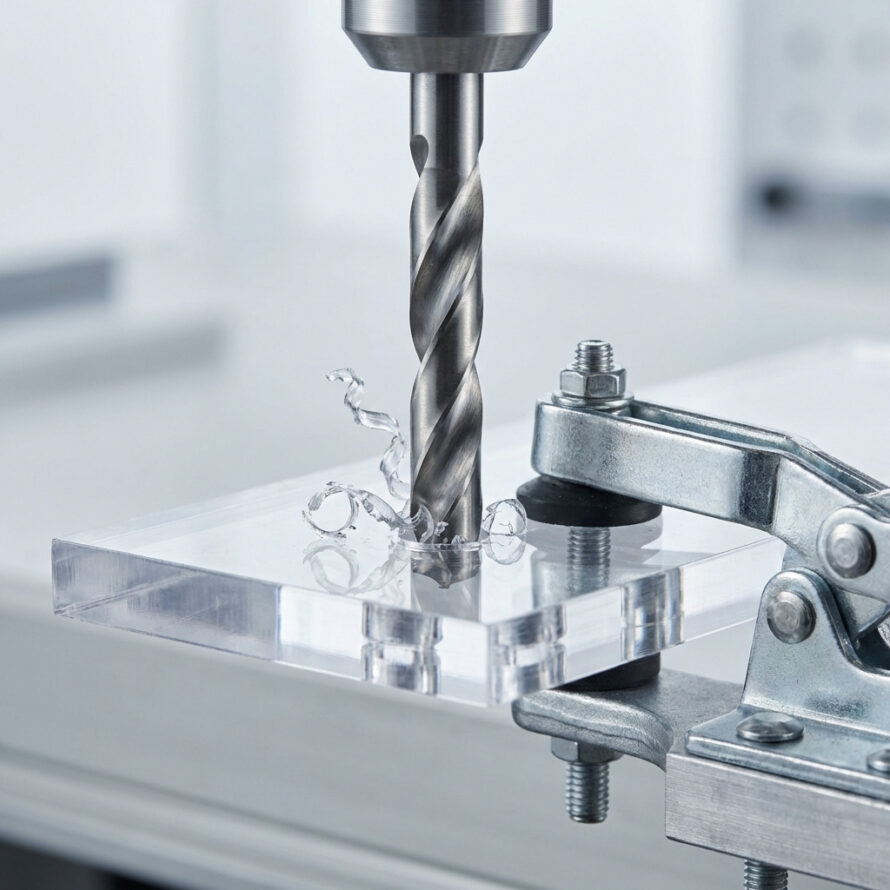 Close-up van boren in een polycarbonaat plaat met een metaalboor.